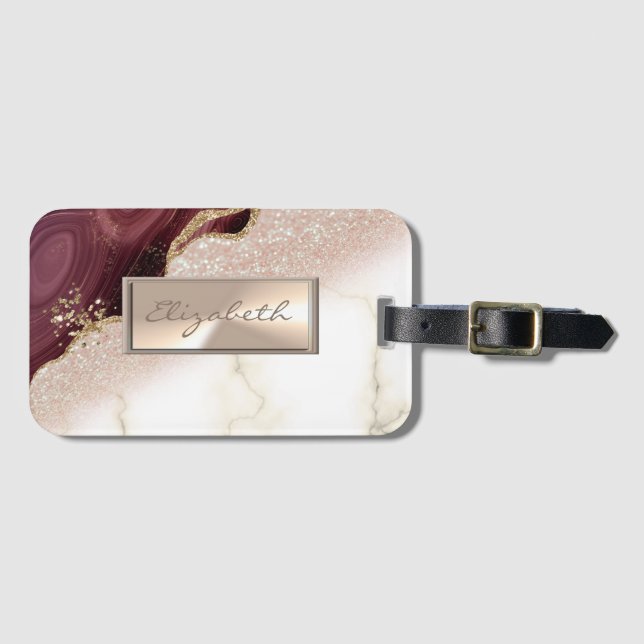 Etiqueta De Bagagem Elegante Glittery Bokeh Ombre, Burgundy Marble (Frente Horizontal)