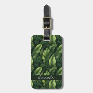 Etiqueta De Bagagem Elegante Green Watercolor Banana Leaf com Nome