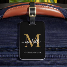 Etiqueta De Bagagem Elegante Inicial Monograma Preto Dourado Estilo Sc