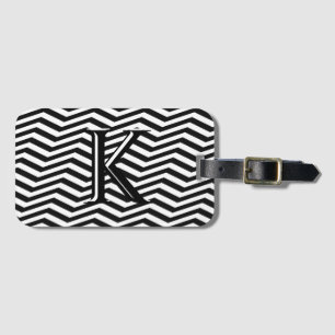 Etiqueta De Bagagem Elegante Listra de Chevron Preto e Branco Monogram