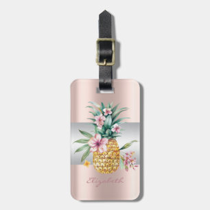 Etiqueta De Bagagem Elegante Listra Feminina, Floral Abacaxi Dourado R