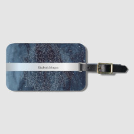 Etiqueta De Bagagem Elegante Mandala Prateado Moderno com Faixa Azul-M