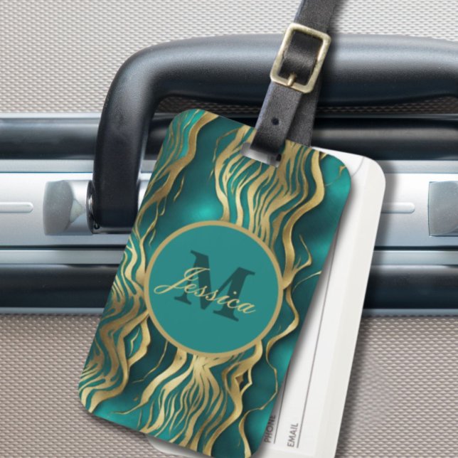 Etiqueta De Bagagem Elegante Marble Beige Turquoise Blue Teal Monogram (Elegant Marble Beige Turquoise Blue Teal Monogram Luggage Tag)
