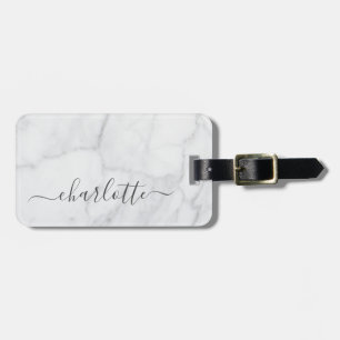 Etiqueta De Bagagem Elegante Mármore Branco e Cinza Script Personaliza