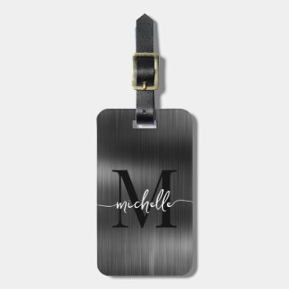Etiqueta De Bagagem Elegante Metal Preto Dourado Monograma Inicial Scr