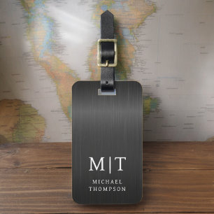 Etiqueta De Bagagem Elegante Metálico Bruto Monograma Preto