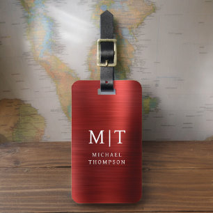 Etiqueta De Bagagem Elegante Metálico Bruto Monograma Vermelho