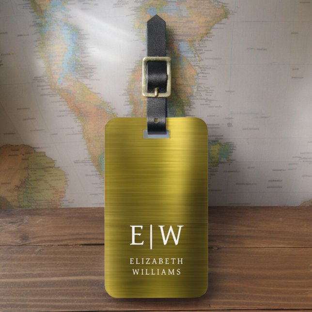 Etiqueta De Bagagem Elegante Metálico Dourado com Monograma Brutado (Criador carregado)