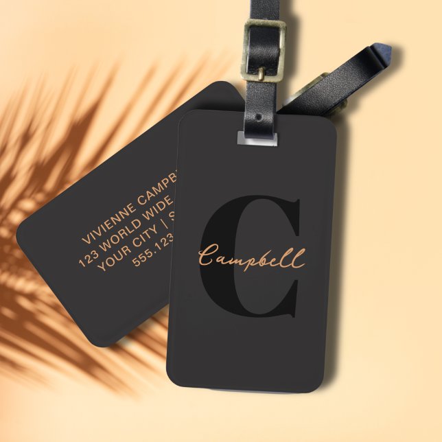 Etiqueta De Bagagem Elegante Mínimo Dourado Negro Monograma (Black Gold Elegant Monogram Luggage Tag)