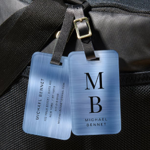 Etiqueta De Bagagem Elegante Monograma Azul Bruto Metálico