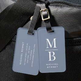 Etiqueta De Bagagem Elegante Monograma Azul Empoeirado