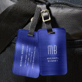 Etiqueta De Bagagem Elegante Monograma Azul-Marinho Metal