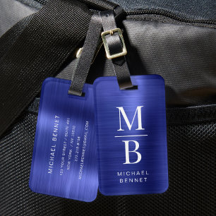 Etiqueta De Bagagem Elegante Monograma Azul Marinho Metálico Escovado