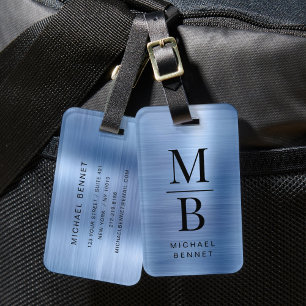 Etiqueta De Bagagem Elegante Monograma Azul Metálico Escovado