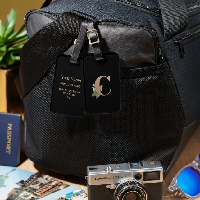 Etiqueta De Bagagem Elegante Monograma Botânico Letra Dourada C (Frente e verso)