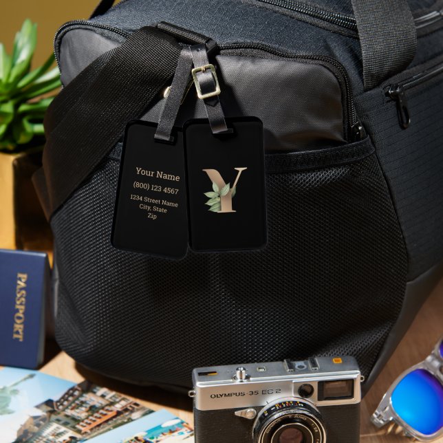 Etiqueta De Bagagem Elegante Monograma Botânico Letra Dourada Y (Frente e verso)