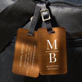 Etiqueta De Bagagem Elegante Monograma Cobre Metálico Escovado