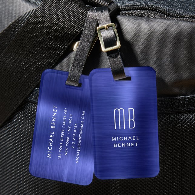 Etiqueta De Bagagem Elegante Monograma de Marinho Azul (Elegant Monogrammed Navy Blue Metal Luggage Tag)