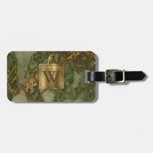 Etiqueta De Bagagem Elegante Monograma de Mármore Verde Oliva Dourado