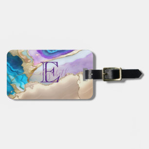 Etiqueta De Bagagem Elegante Monograma de Mármore Violeta Azul Dourado