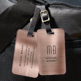 Etiqueta De Bagagem Elegante Monograma de Metal Escovado em Rosa Doura