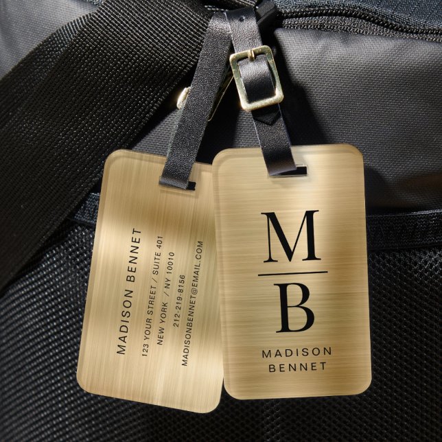 Etiqueta De Bagagem Elegante Monograma Dourado Com Bagaço Metálico Bru (Elegant Monogrammed Gold Brushed Metallic Luggage Luggage Tag)