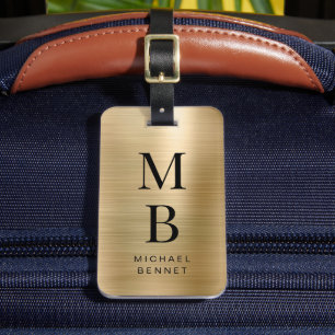 Etiqueta De Bagagem Elegante Monograma Dourado, Metálico