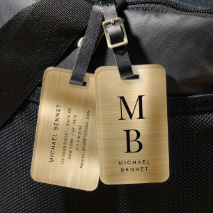 Etiqueta De Bagagem Elegante Monograma Dourado, Metálico
