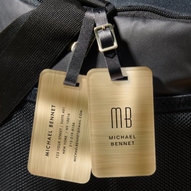 Etiqueta De Bagagem Elegante Monograma Dourado, Metálico (Elegant Monogrammed Gold Brushed Metallic Luggage Tag)