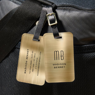 Etiqueta De Bagagem Elegante Monograma Dourado, Metálico