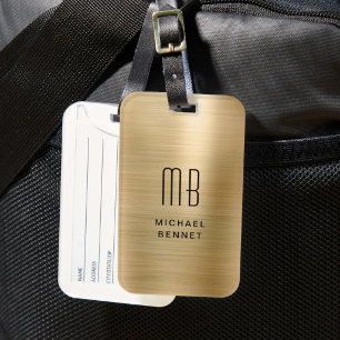 Etiqueta De Bagagem Elegante Monograma Dourado Metálico Brushed