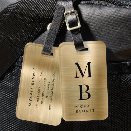 Etiqueta De Bagagem Elegante Monograma Dourado Metalizado Brilhante