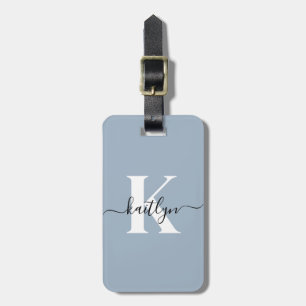 Etiqueta De Bagagem Elegante Monograma em Azul Poeira com Letra Rebusc