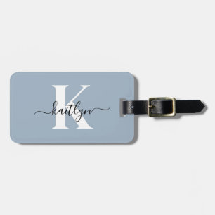 Etiqueta De Bagagem Elegante Monograma em Azul Poeira com Letra Script