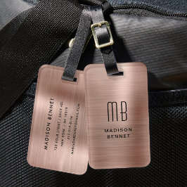 Etiqueta De Bagagem Elegante Monograma em Metal Dourado Rosa Brilhante