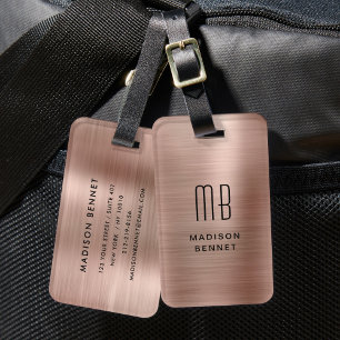 Etiqueta De Bagagem Elegante Monograma em Metal Dourado Rosa Brilhante