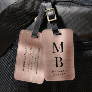 Etiqueta De Bagagem Elegante Monograma em Rosa Dourado Metálico Brilha