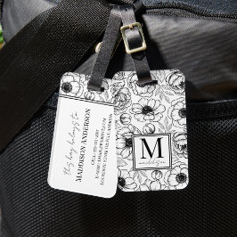 Etiqueta De Bagagem Elegante Monograma Floral Preto e Branco