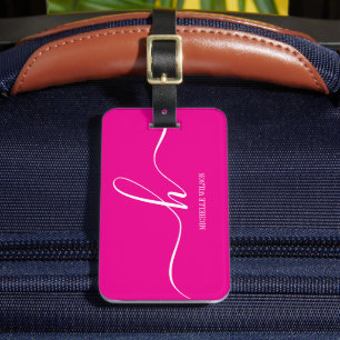 Etiqueta De Bagagem Elegante Monograma Inicial com Letra Branca Rosa