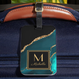 Etiqueta De Bagagem Elegante Monograma Inicial Nome Preto Dourado Verd