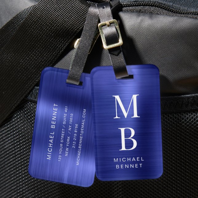 Etiqueta De Bagagem Elegante Monograma Marinho Azul Bruto Metálico (Elegant Monogrammed Navy Blue Brushed Metallic Luggage Tag)