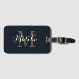 Etiqueta De Bagagem Elegante Monograma Ouro Azul Marinho Personalizado