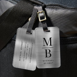 Etiqueta De Bagagem Elegante Monograma Prateado Metálico Escovado