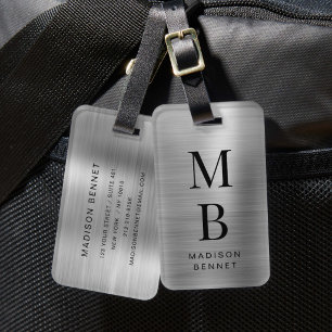 Etiqueta De Bagagem Elegante Monograma Prateado Metalizado Brilhante