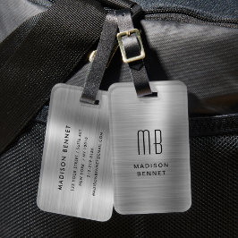 Etiqueta De Bagagem Elegante Monograma Prateado Metalizado Brilhante