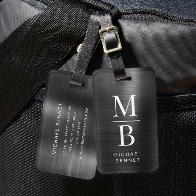 Etiqueta De Bagagem Elegante Monograma Preto Bruto Metálico (Elegant Monogrammed Black Brushed Metallic Luggage Tag)