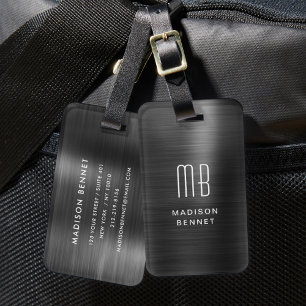 Etiqueta De Bagagem Elegante Monograma Preto Metálico Brilhante