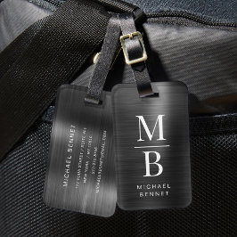 Etiqueta De Bagagem Elegante Monograma Preto Metálico Brilhante