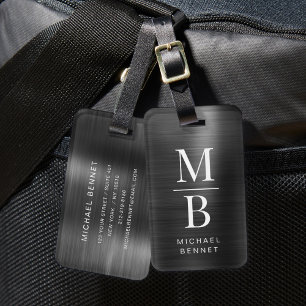 Etiqueta De Bagagem Elegante Monograma Preto Metálico Brilhante