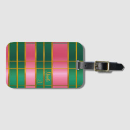 Etiqueta De Bagagem Elegante Monograma Rosa e Verde Ousado, Dourado